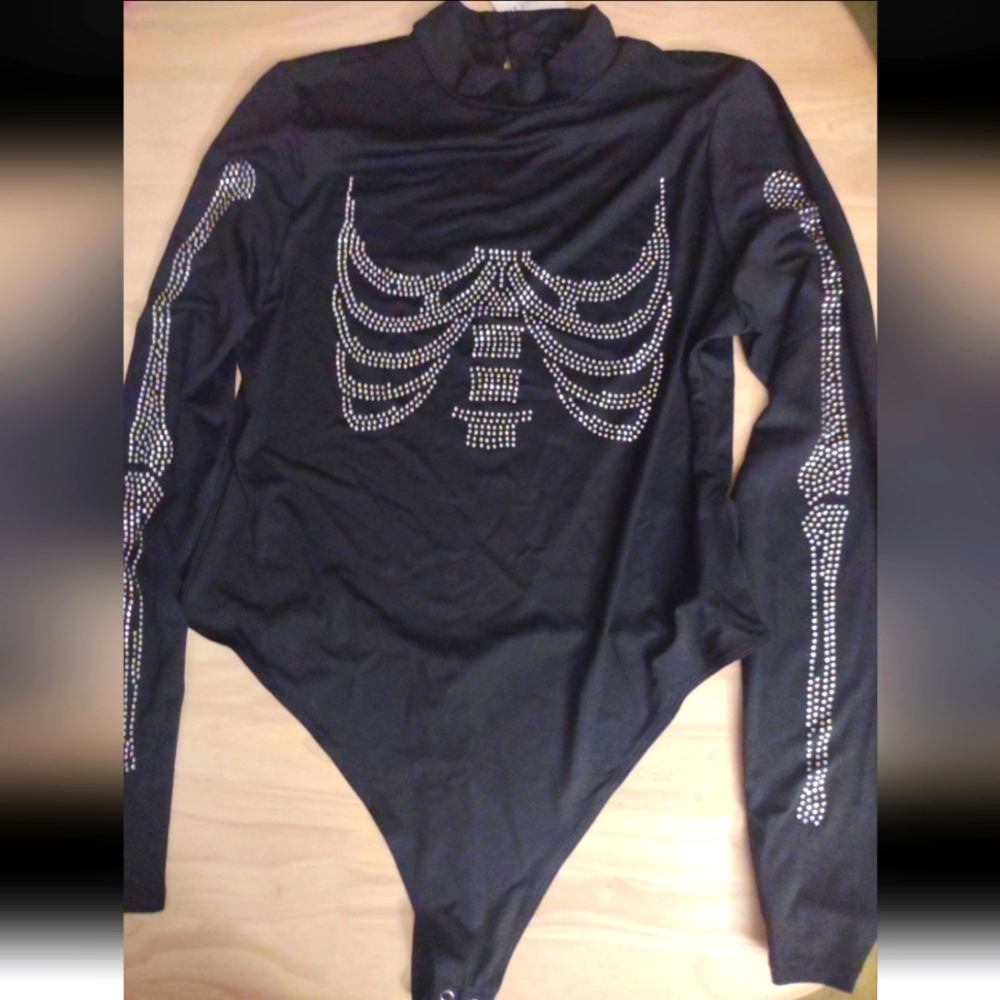 Gothic Skeletal Rhinestone Crystal Black Long Sleeve Bodysuit Bling